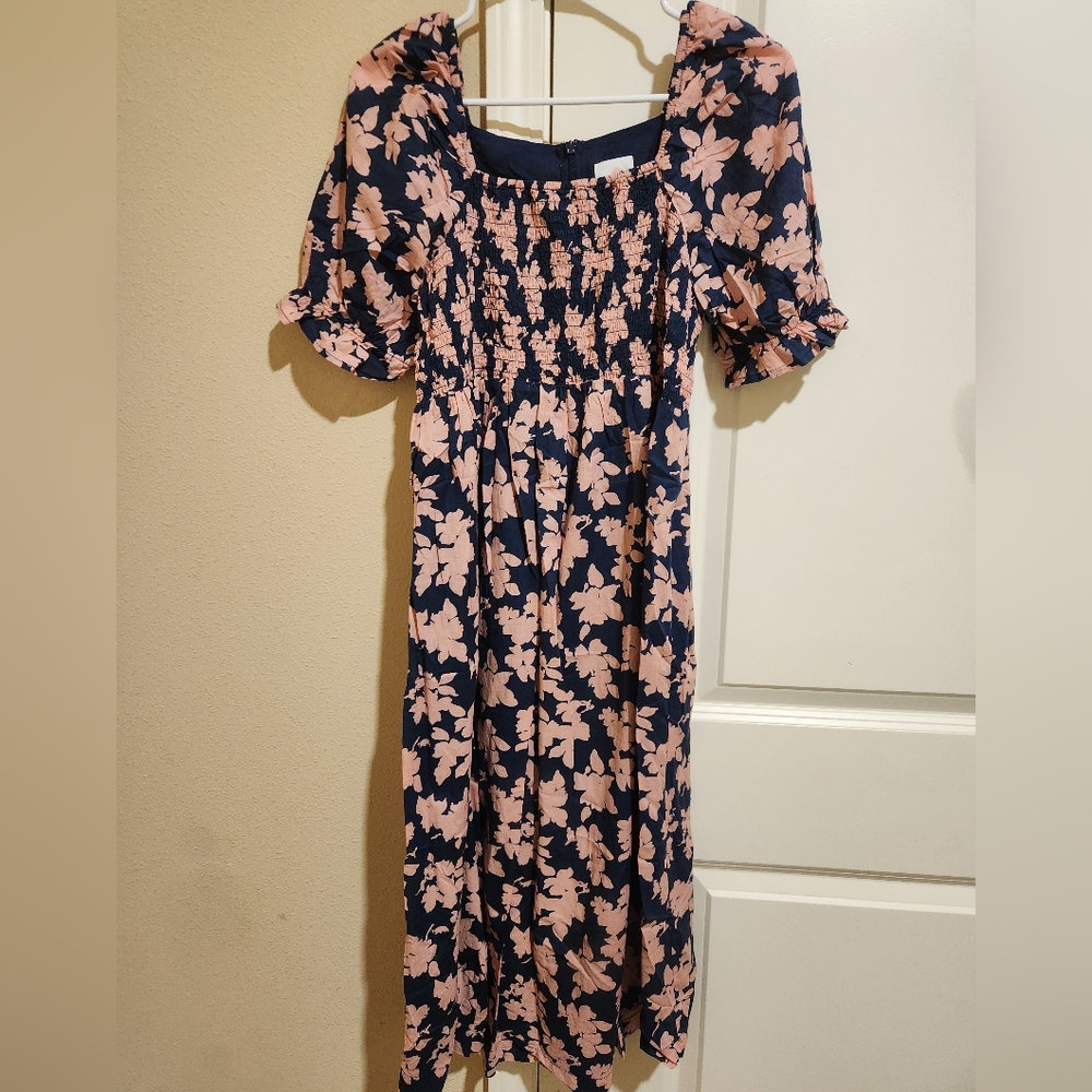 Hatch Navy and Pink Floral Midi Dress